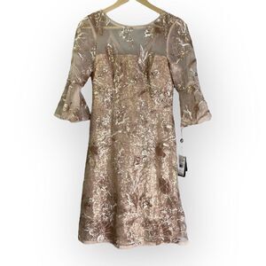 Adrianna Papell Joyful Blush Metallic Bell Sleeve Dress Sequined Embroidered